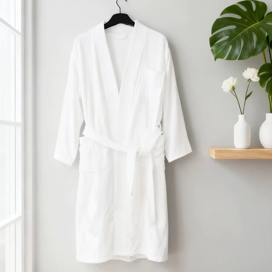 Beige velour bathrobe with white contrast collar